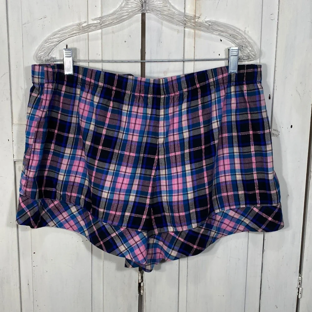 Victorias Secret Pajama Set XL Pink Blue Plaid Lurex Shimmer Shorts Shirt 2pc